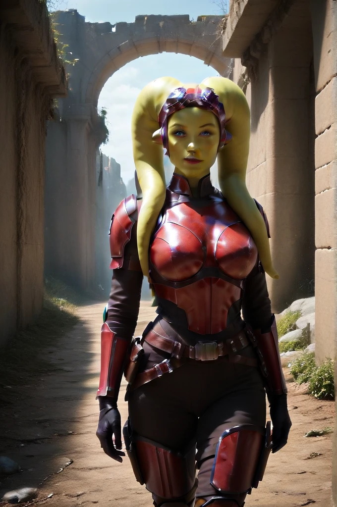 a ((fall body)) (((hera syndulla))) ((green skin )) ((female twi'lek ))mandalorian,walking on snow coverd ruins , ((green fire eyes )) , beautiful detailed eyes, beautiful detailed lips, extremely detailed face, long eyelashes, mandalorian armor, sci-fi, cinematic lighting, dramatic, epic, intricate details, hyper-realistic, 8k, high-quality, photorealistic