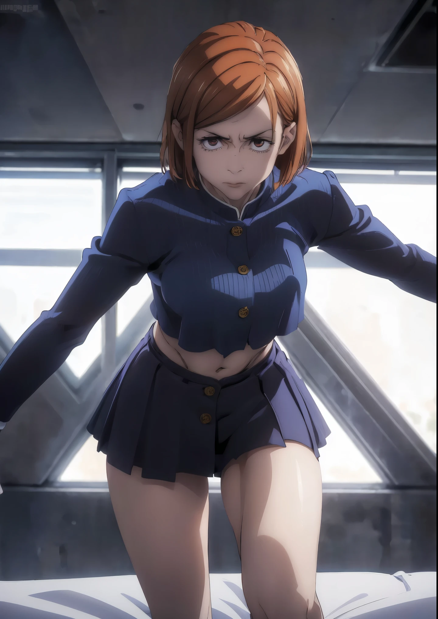 ((maximum quality, 8k, work of art: 1.3, ultra HD, high qualiy, best qualityer, High definition, 真实感)), sharp focus: 1.5, Nobara kugisaki model with muscular body, orange eyes, Mole under the outer edge of the eye, orange short hair, breasts small, abdomen, arm muscle, Shirt buttons open showing breast cleavage, Open mini skirt, visible abdomen, Sexy and seductive pose in bed, thighs wide open