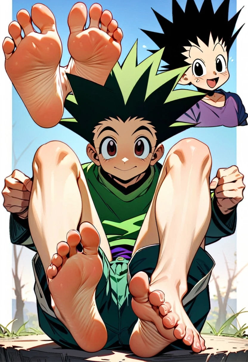 masterpiece, Highest quality, so beautiful, Absurd,Anatomically correct body,One boy, Male Focus, Gon=Freaks, Hunter x Hunter,View your viewers,Half naked,Shorts,Show the soles of your feet, Perfect legs, Five-toed feet, Feet Focus, Two legs, 2 feet, 12 years old