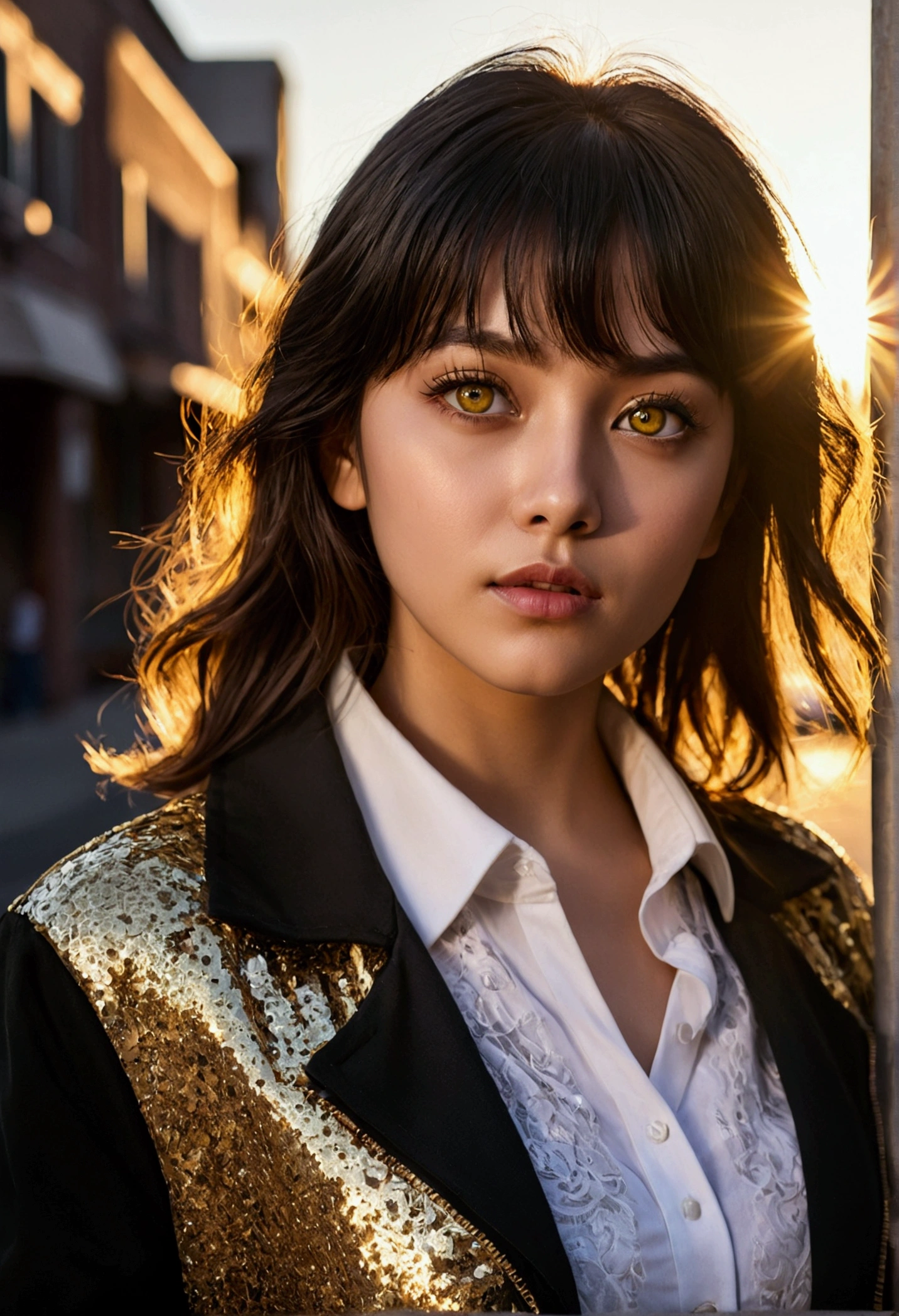 One girl, Intricate details, masterpiece, Highest quality, Very detailed,Cinema Lighting, Beautiful sparkle, Beautifully detailed face and eyes, 8k, Dark intense shadows, Yellow Eyes, Medium Hair, Black Hair, bangs, Floating Hair, Black jacket, Open jacket, White shirt, Expressionless, Yellow tie, Black Skirt, Spotlight, sunlight, sunrise, Gradient Sky, city, Lens flare, Cowboy Shot, [[Curvy]], [Mature Woman]
