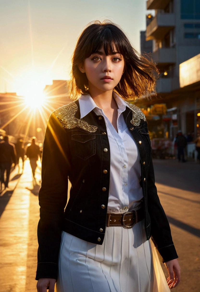 One girl, Intricate details, masterpiece, Highest quality, Very detailed,Cinema Lighting, Beautiful sparkle, Beautifully detailed face and eyes, 8k, Dark intense shadows, Yellow Eyes, Medium Hair, Black Hair, bangs, Floating Hair, Black jacket, Open jacket, White shirt, Expressionless, Yellow tie, Black Skirt, Spotlight, sunlight, sunrise, Gradient Sky, city, Lens flare, Cowboy Shot, [[Curvy]], [Mature Woman]