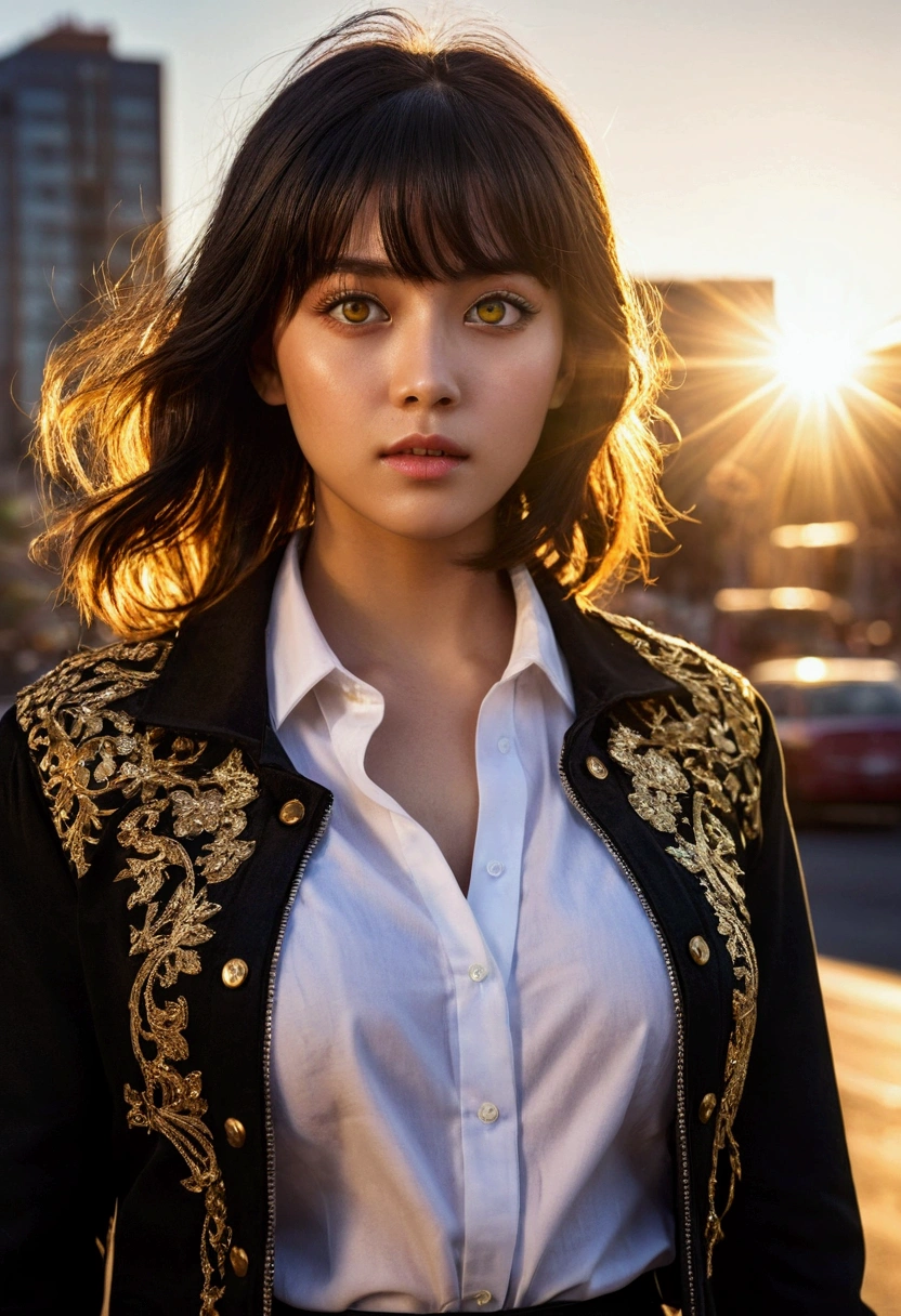 One girl, Intricate details, masterpiece, Highest quality, Very detailed,Cinema Lighting, Beautiful sparkle, Beautifully detailed face and eyes, 8k, Dark intense shadows, Yellow Eyes, Medium Hair, Black Hair, bangs, Floating Hair, Black jacket, Open jacket, White shirt, Expressionless, Yellow tie, Black Skirt, Spotlight, sunlight, sunrise, Gradient Sky, city, Lens flare, Cowboy Shot, [[Curvy]], [Mature Woman]