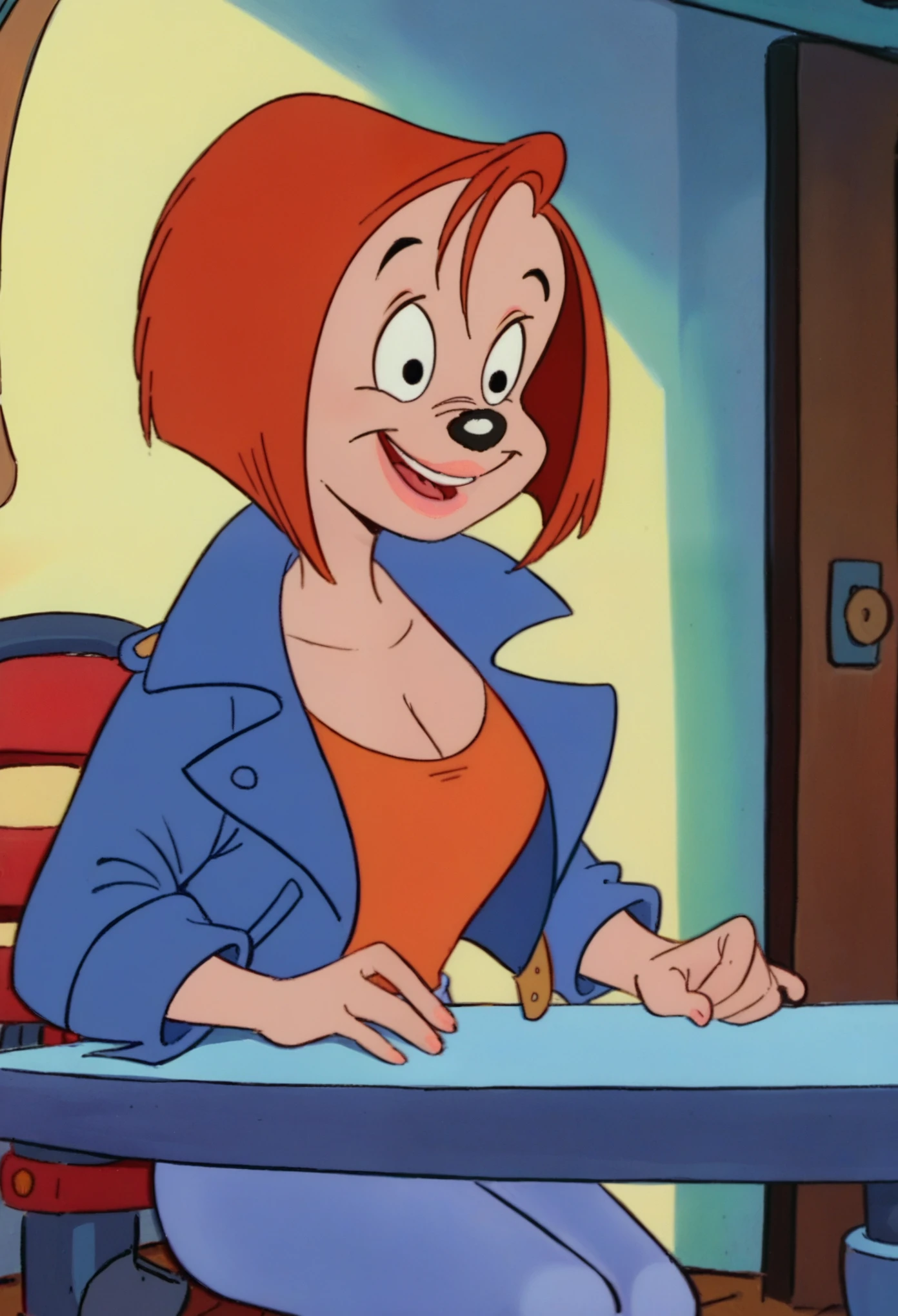 score_9, score_8_up, score_7_up, score_6_up, score_5_up, score_4_up, BREAK, debbie dune, 1girl, solo, orange hair, short hair, animal nose, furry female, furry, jacket, denim, lips, lipstick, orange shirt, black eyes, retro artstyle, smile, blue jacket, jeans, blue pants, shirt, pants, sitting, indoors, open mouth, cleavage.