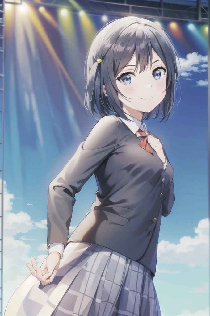 (Highest quality, masterpiece:1.2), One Girl, alone, anime, anime screencap, Ray Tracing, Global Illumination, ultra hi resolution picture, Bright colors, Cinematic Light, Lens flare, Light on the face, Glowing Eyes, Written boundary depth, Happy, Detailed Background, cute, straight, smile, View your audience, Outdoor, null, cloud,
Yuki Setuna, Upper Body, Jacket, Long sleeve,short hair,Smell yourself
