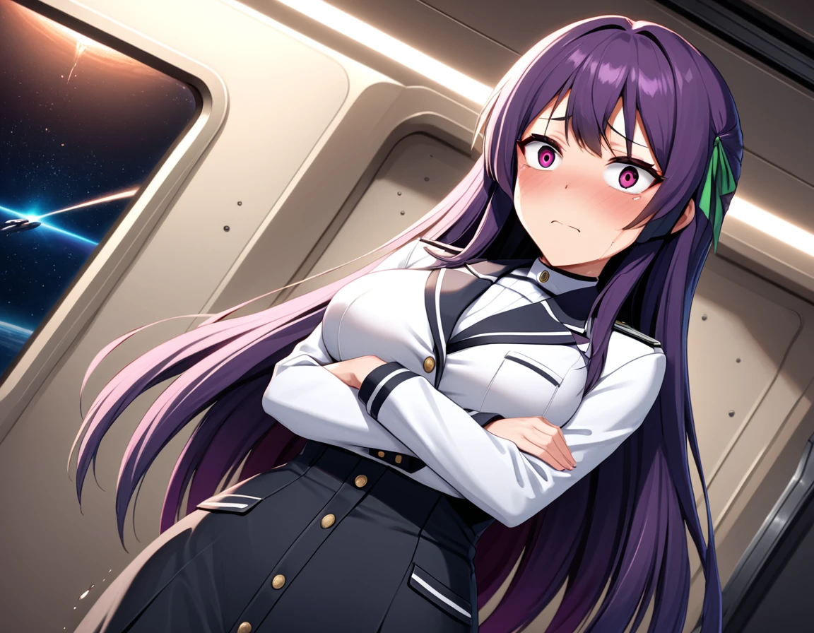 (high quality,Very detailed:1.37, High resolution), Woman, (mature:2.0), (Sakaki Yumiko:2.0), (very long hair:1.5), (purple hair:1.5), purple eyes, large breasts, military uniform, pants, (wetting herself:1.5), standing, (arms crossed:1.5), (embarrassed:1.5), (humiliation:1.5), (constricted pupils:1.5), (sweating:1.5), shaking, (trembling:1.5), (blushing:1.5), Meticulous details, (extremely detailed eys:1.37), space station, interior, science fiction, futuristic