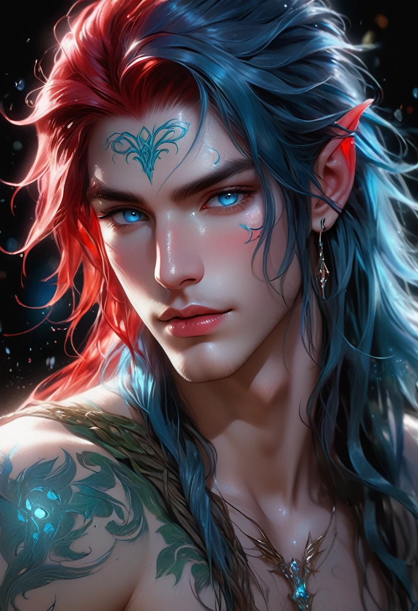 full ariel view of a ethereal demonic 25 year old anime guy male druid, with metallic foil print blood red long hair, moist wet glistening lips, delicate masterpieceintimate delicate etched glowing rune tattoos, winking, beautiful gorgeous elf ((male)) kissyface, perfect face, blue/black pastel eyes, long red wisp hair, freckles, piercings, foil print neonbody art, laboratory experiment, perfect anatomy, centered, almost perfect, dynamic, very detailed, glowing, artstation, concept art, soft and sharp focus, art by Carne Griffiths and Wadim Kashin, high-definition accent lighting, epic, elven atmosphere, contrasted with vibrant paint colors., futuristic cyborg in the year 2950,