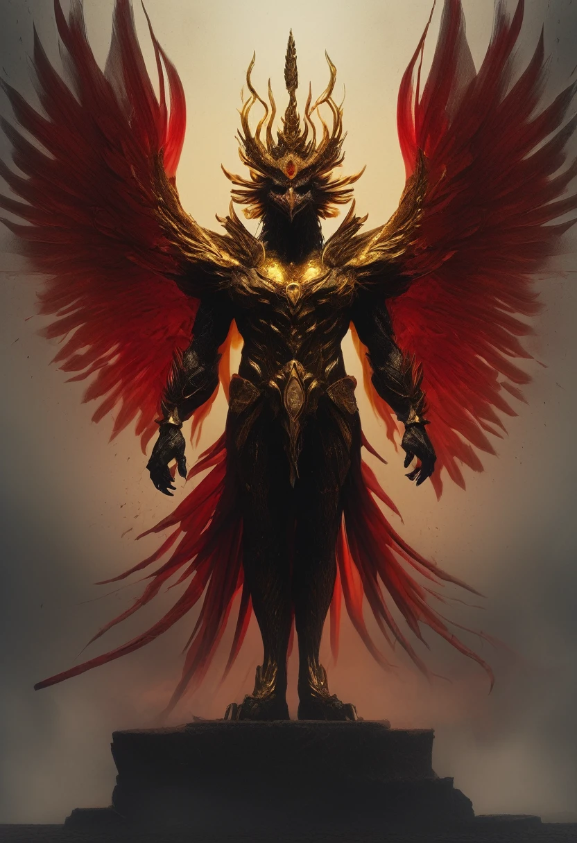 abstract and surreal depiction of a pride demon is made from smoke and haze, the demon has large, eagle-like wings and a body covered in gleaming golden armor, Its head is adorned with a spiky crown, and its eyes sparkle with arrogance, The demon’s limbs are long and slender, exuding confidence and authority, (faded color) palette is gold and vibrant red, with intricate, soft yet sharp lines to, featuring dark, ominous tones ,mystical atmosphere, basic background, minimilism, dim
