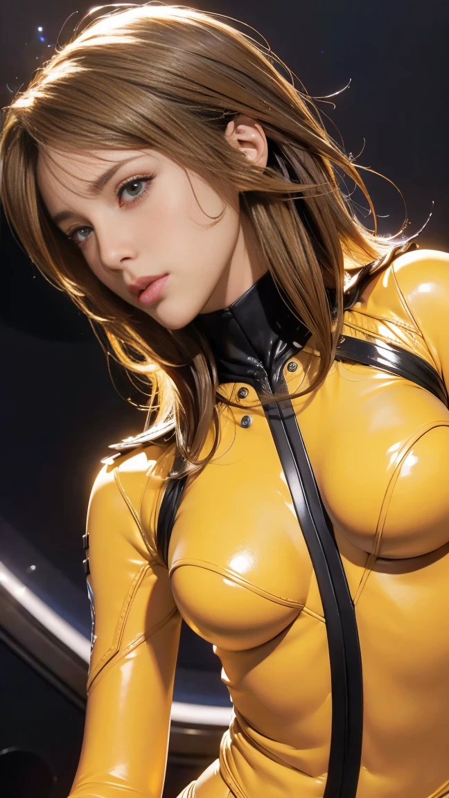 Highest quality, masterpiece, Ultra-high resolution, (Realistic: 1.4), RAW Photos, 1 person, Black Hair, Glowing Skin, 1. Mechanical Girl, (((Ultra-Realistic Details)), Portraiture, Global Illumination, Shadow, Octane Rendering, 8k, Ultra Sharp, Exquisite decorative details, Realistic Skin, The effect of sweat, ((Put on headphones)), Very intricate detail, Realistic Light, CGSoation Trend, Brown eyes, Glowing Eyes, Shiny orange mechanical bodysuit, Long Hair, Black Hair, ponytail, Full Body Shot, Spaceship bridge background, Dynamic pose, ((Large Breasts)), ((Showing cleavage))、(Showing your belly button)、((smile))