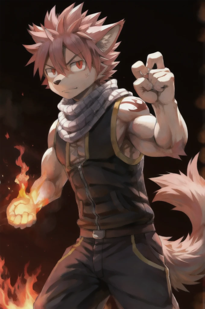 masterpiece, best quality, 1boy, natsu dragneel, scarf, sleeveless, black eyes, fire, arm up, pink hair, ears wolf, tail, red eyes