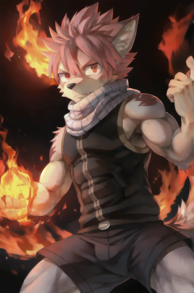 masterpiece, best quality, 1boy, natsu dragneel, scarf, sleeveless, black eyes, fire, arm up, pink hair, ears wolf, tail, red eyes