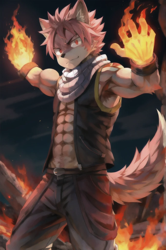 masterpiece, best quality, 1boy, natsu dragneel, scarf, sleeveless, black eyes, fire, arm up, pink hair, ears wolf, tail, red eyes