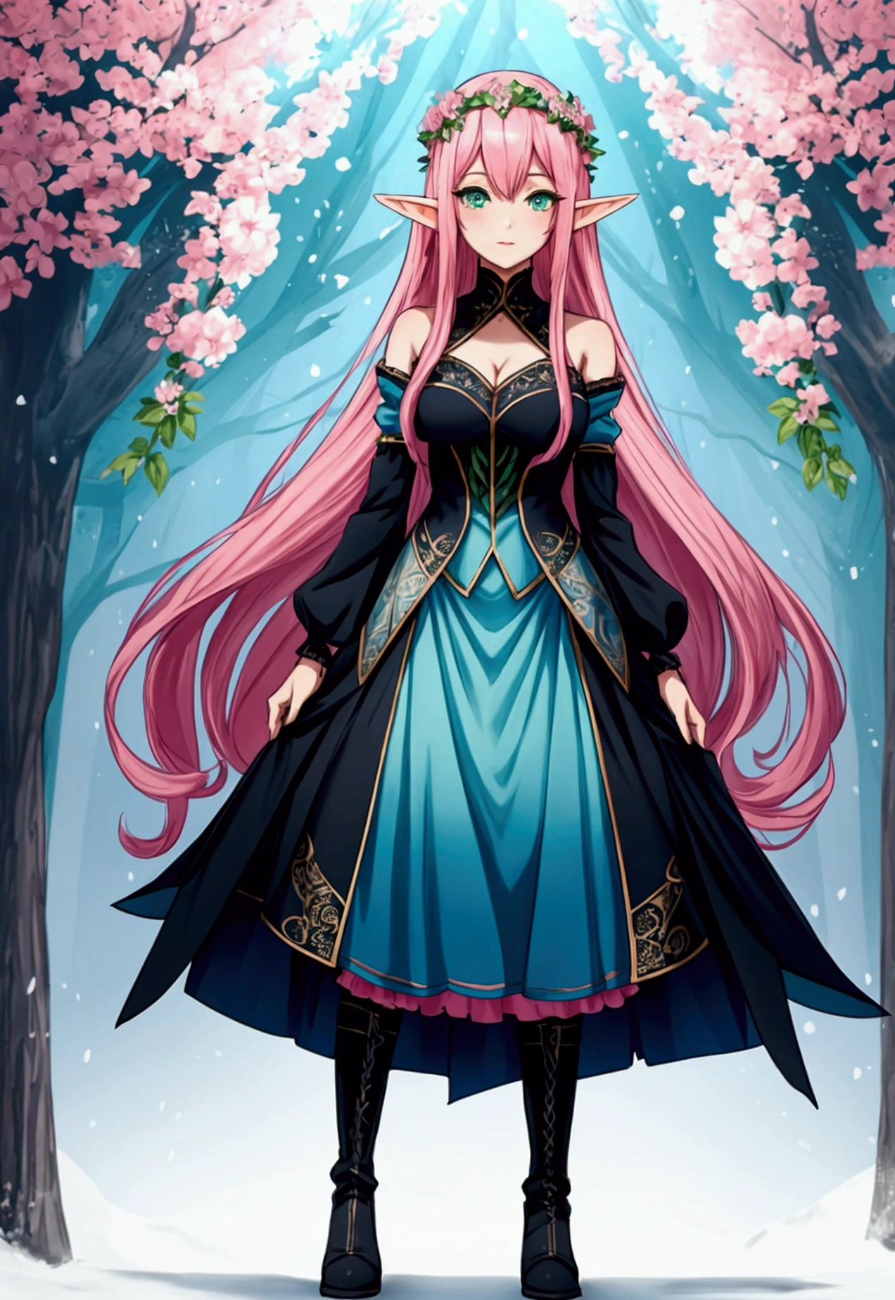 beautiful adult women elf, long pink hair and blue streaks hair, green eyes, with flower crown, black boots, blue dress, pink underskirt and black sleeves, full body.