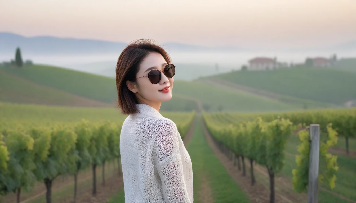 8k realistic, lifelike photo,, 36 year old Korean woman, Short in stature, pretty like a model. front view, white shirt and short cardigan, casual pants, short medium hair, smiling, Italy. spring, vineyard, thick dawn fog. vineyard 지나 짙은 안개 속으로 저 멀리 성당이 보인다. Full body shot from afar with a wide angle lens , 1 woman, Short in stature, superb picture quality, The morning fog thickens, The picture quality is alive.. Full body shot with Canon 16-35 wide angle lens, Put on your horn-rimmed sunglasses and look up to the side