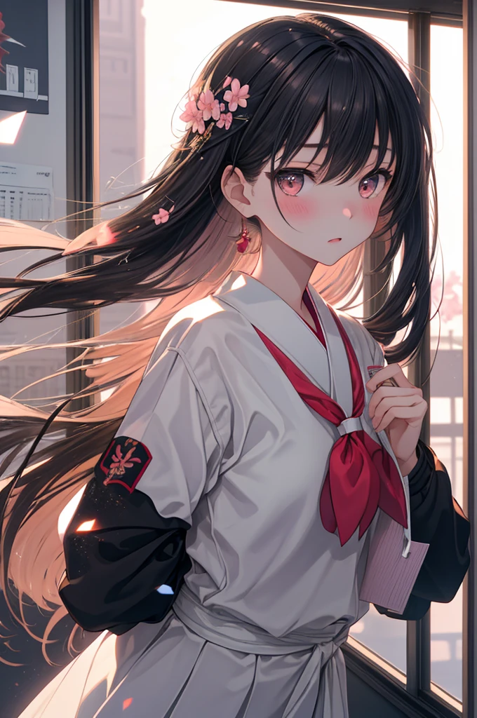 ((masterpiece)), (best quality), (ultra-detailed), 1girl, solo, Japanese high school girl, , slender build, 160cm tall, long straight black hair to waist, black almond-shaped eyes with slight upward tilt, pale skin, serious expression, , student council president armband, standing in school hallway, sunlight streaming through windows, cherry blossoms visible outside, holding textbooks and clipboard, confident posture, slight blush on cheeks, determined gaze, hint of vulnerability in eyes, meticulous appearance, neatly styled hair, crisp and clean uniform, intricate details on uniform, realistic fabric textures, soft lighting, depth of field, high contrast, cinematic composition