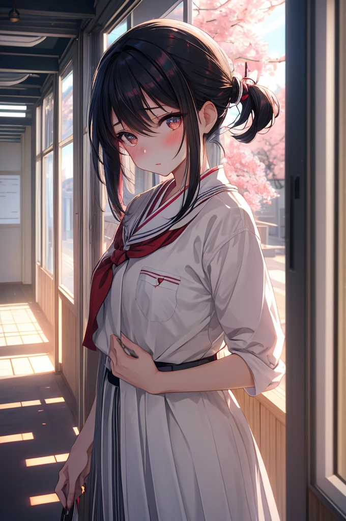 ((masterpiece)), (best quality), (ultra-detailed), 1girl, solo, Japanese high school girl, 17 years old, slender build, 160cm tall, long straight black hair to waist, black almond-shaped eyes with slight upward tilt, pale skin, serious expression, , student council president armband, standing in school hallway, sunlight streaming through windows, cherry blossoms visible outside, holding textbooks and clipboard, confident posture, slight blush on cheeks, determined gaze, hint of vulnerability in eyes, meticulous appearance, neatly styled hair, crisp and clean uniform, intricate details on uniform, realistic fabric textures, soft lighting, depth of field, high contrast, cinematic composition