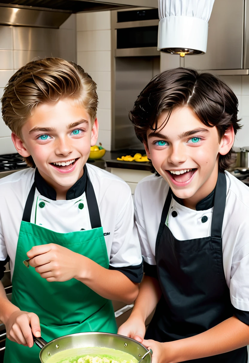 Two boys, one blond blue eyes and the other dark hair green eyes, both , cooking and laughing