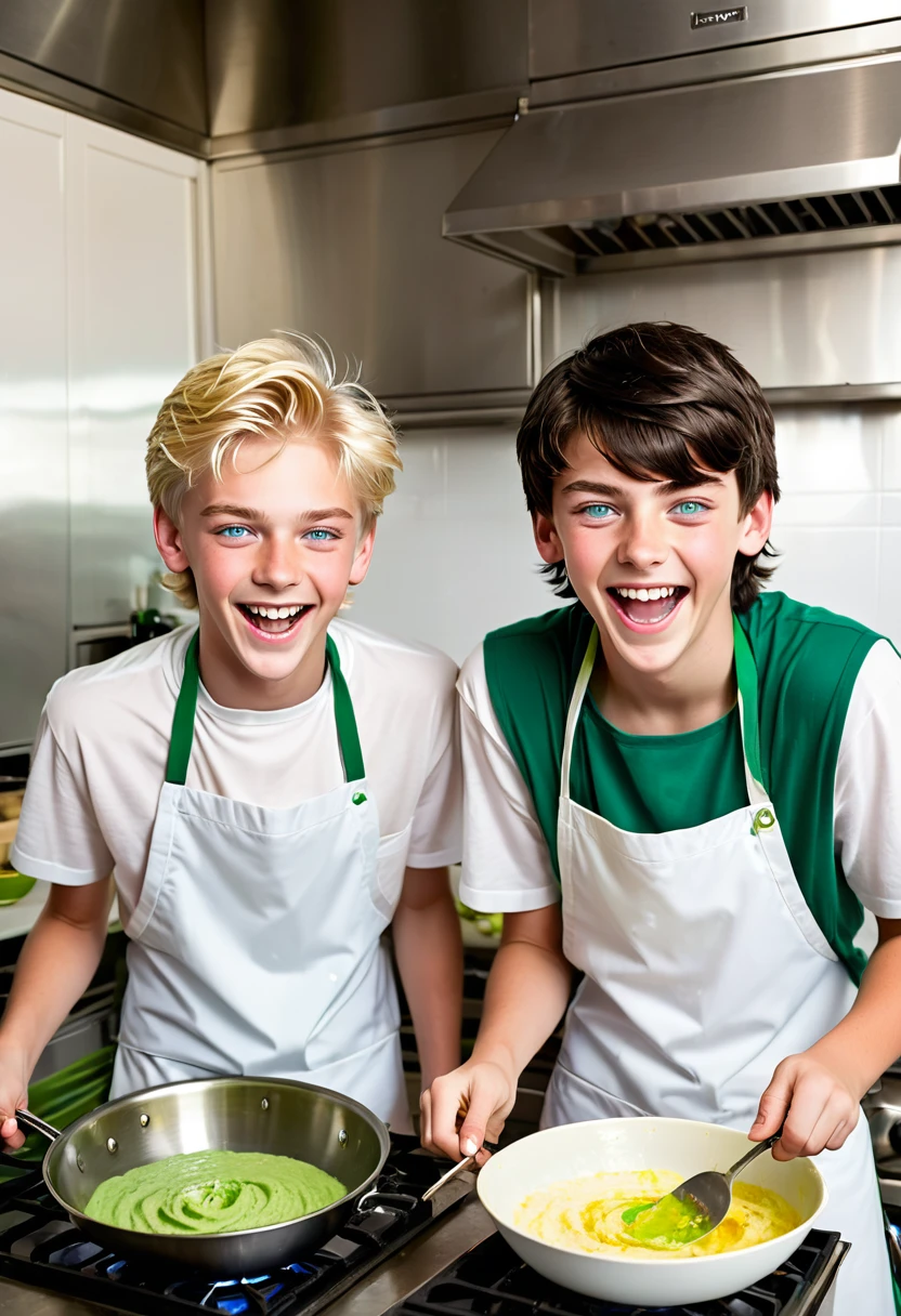Two boys, one blond blue eyes and the other dark hair green eyes, both , cooking and laughing