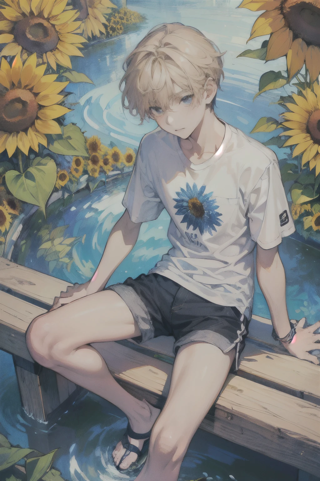 (masterpiece, top quality, best quality, official art, beautiful and aesthetic:1.2), (1boy:1.3), (fractal art:1.3),(Summer vacation:1.2),(Sunflower field:1.3),((A cool stream:1.2)),(Short sleeve shirt and shorts:1.25),(Sandals:1.2),