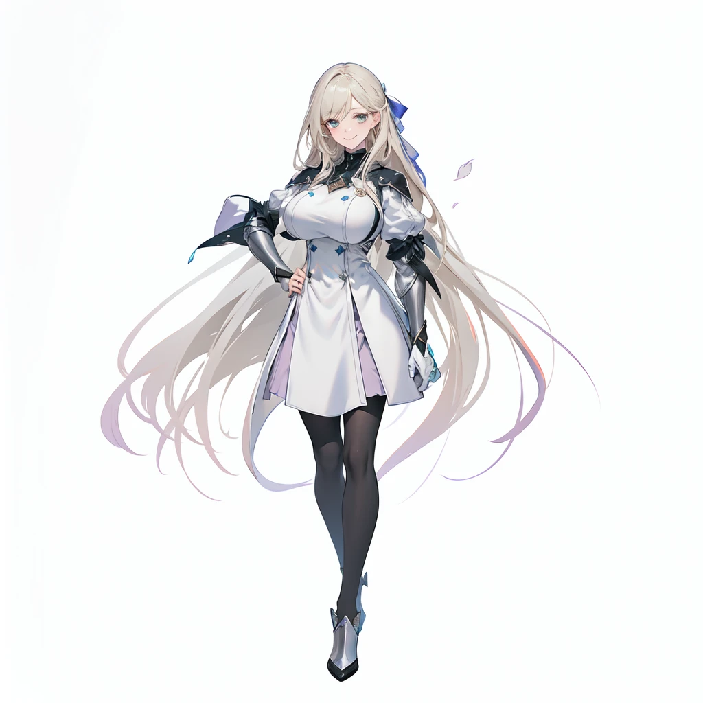 masterpiece,best quality,1girl,right hand in waist,azur lane unzen,\(herrscher of finality\),solo,full body,pale skin,light beige hair,full body,cute fantasy white dress,very long hair floating around,light pearl colored eyes,(white eyelashes),+ +,tight black pantrose,(((big breasts))),cute smile,silver amor pieces, ((fantasy character)), anime character sheet