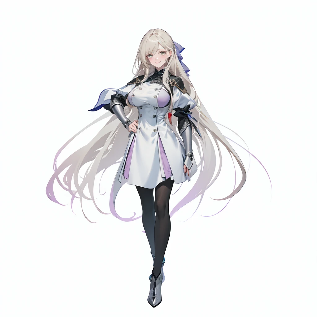 masterpiece,best quality,1girl,right hand in waist,azur lane unzen,\(herrscher of finality\),solo,full body,pale skin,light beige hair,full body,cute fantasy white dress,very long hair floating around,light pearl colored eyes,(white eyelashes),+ +,tight black pantrose,(((big breasts))),cute smile,silver amor pieces, ((fantasy character)), anime character sheet