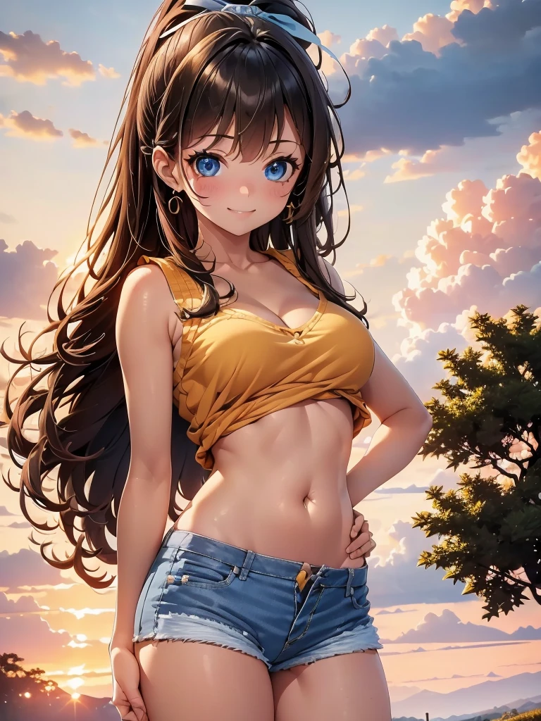 1girl, solo, beautiful girl, brunette skin, blue eyes, detailed anime style, perfect anatomy, perfect hands, narrow waist, medium breasts, long hair, brown hair, high ponytail, asymmetrical bangs, blue eyes, detailed eyes, blush, emerald earrings, orange shirt, shirt lift, denim shorts, cleavage, navel, midriff, bare arms, bare shoulders, smile, standing, perfect hands, arm up, woods, cabin, sunset, orange sky, clouds, outdoors, underboobs, ice cream, holding ice cream, high quality, high resolution, from behind,