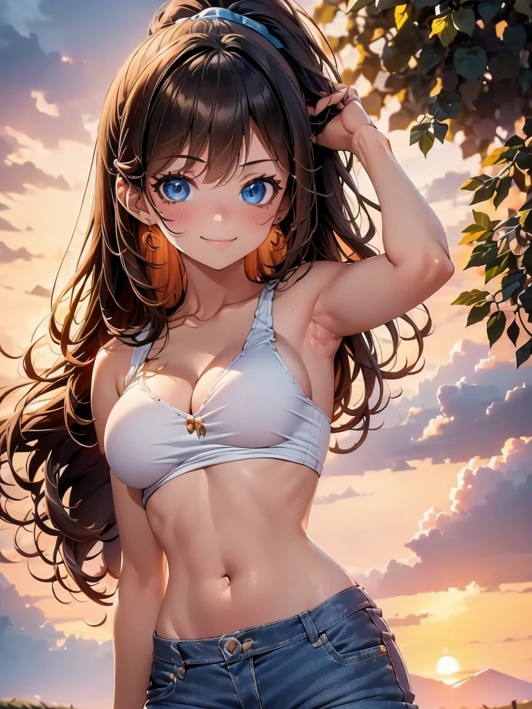 1girl, solo, beautiful girl, brunette skin, blue eyes, detailed anime style, perfect anatomy, perfect hands, narrow waist, medium breasts, long hair, brown hair, high ponytail, asymmetrical bangs, blue eyes, detailed eyes, blush, emerald earrings, orange shirt, shirt lift, denim shorts, cleavage, navel, midriff, bare arms, bare shoulders, smile, standing, perfect hands, arm up, woods, cabin, sunset, orange sky, clouds, outdoors, underboobs, ice cream, holding ice cream, high quality, high resolution, from behind, 