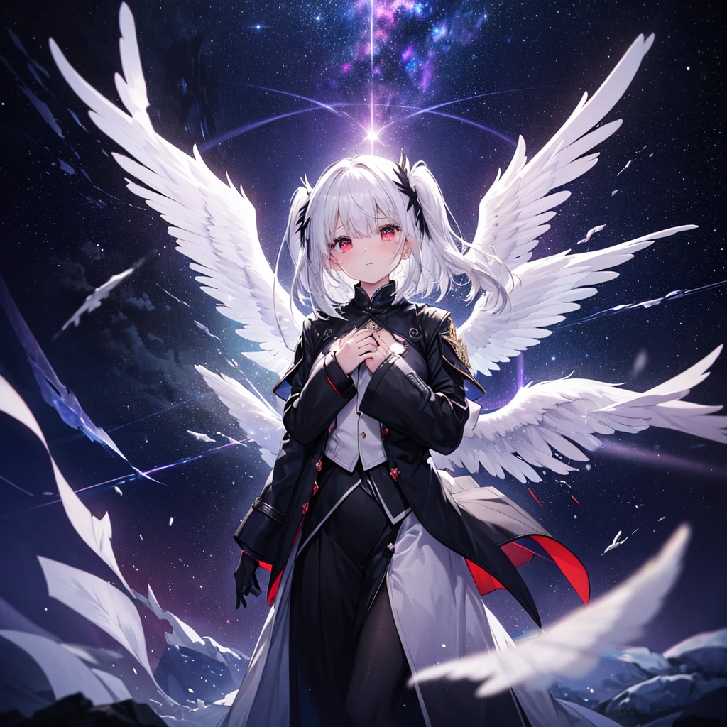 (((((Archangel、Place your hand on your chest、Face it、Close-up Galaxy Background、Shine tears、Reflection of light))))) ((((Pitch black ring Fantasy Long Hair、Black and white、Swaying in the Wind Dull red eyes Put on a coat without putting your arms through it Wings bigger than me)))) (((Lonely、despair Disgust))) ((gloves)) (Distorted Space-Time Big full moon) Shine背景 Particles of light, Shineエッジ