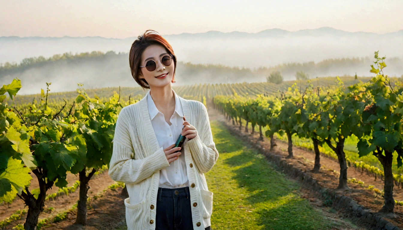 8k realistic, lifelike photo,, 36 year old Korean woman, Short in stature, pretty like a model. front view, white shirt and short cardigan, casual pants, short medium hair, smiling, Italy. spring, vineyard, thick dawn fog. vineyard 지나 짙은 안개 속으로 저 멀리 성당이 보인다. Full body shot from afar with a wide angle lens , 1 woman, Short in stature, superb picture quality, The morning fog thickens, The picture quality is alive.. Full body shot with Canon 16-35 wide angle lens, Put on your horn-rimmed sunglasses and look up to the side