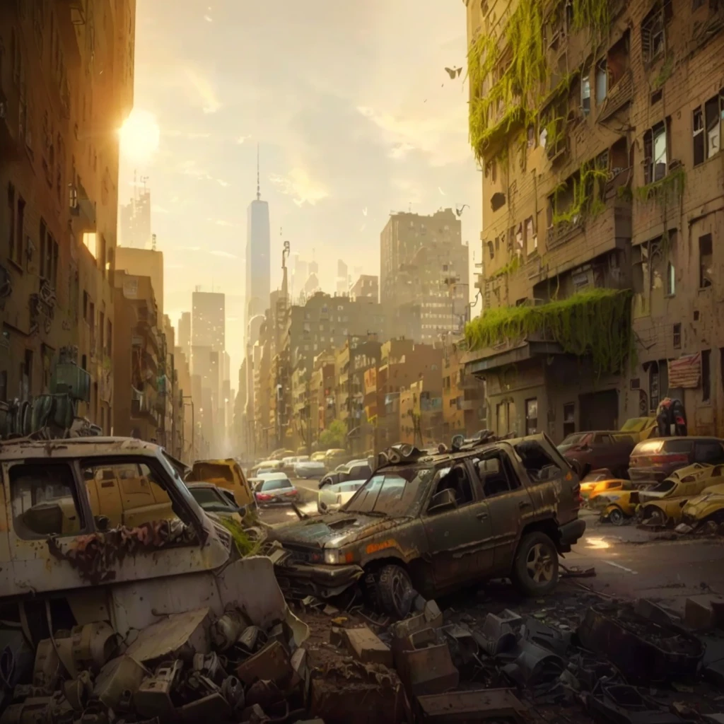 Cars are parked on the street in a city with many buildings., post apocalyptic new york, post apocalyptic scene, Post-apocalyptic city, Post-apocalyptic city streets, post apocalyptic world, in a post apocalyptic city, post apocalyptic street, post apocalyptic landscape, post apocalyptic city, Post apocalyptic district, ruined cityscape outdoors, Post-apocalyptic wasteland, Post-apocalyptic