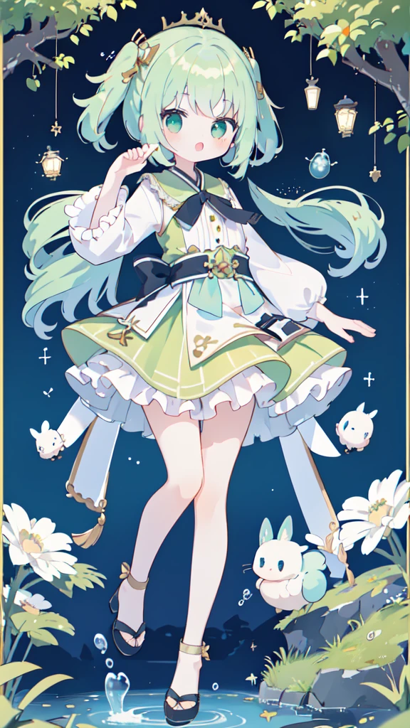 Idol, Yuri, beautiful girl,masterpiece,best quality,official art,Extremely detailed CG unified 8K wallpaper, A girl with light green ink hair color,Green dress,mini skirt,她的綠色mini skirt被風吹起,shy,Awkward,The wind blows to the front,shy地看著觀眾1.3)
