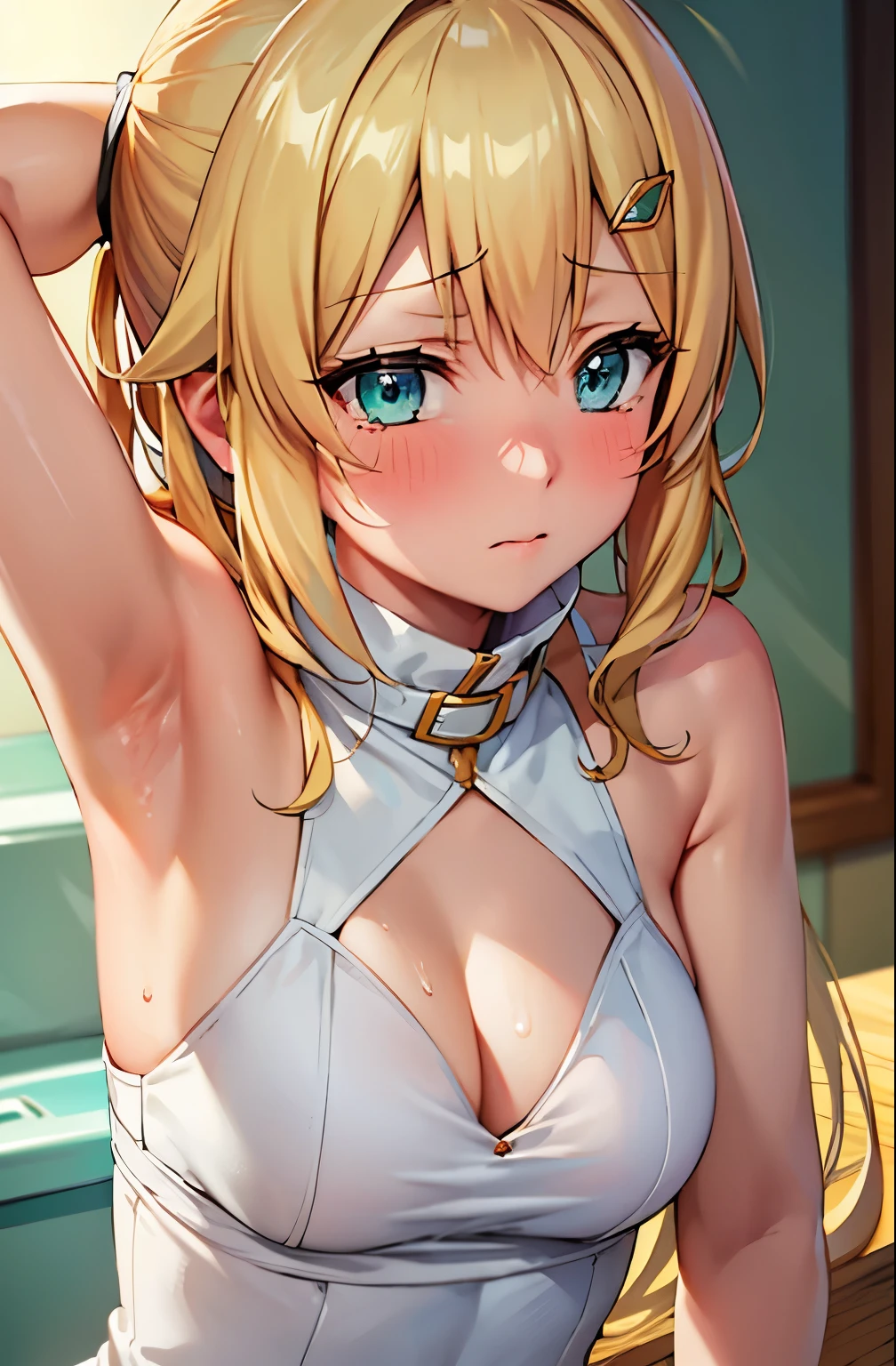 Tabletop, Highest quality、masterpiece、One Girl,Shoot a girl in the front, View your viewers, cute, good, Medium chest, Yellow Hair, Long Hair, Beautiful attention to detail, Embarrassing,blush,is crying,Put your hands on your head,Underarm, Sweaty,(Upper Body:1.3),,Toilet Background, ((spouse, empowered))、((Underarm close-up:1.3))、((Shyness:1.3))、Emma'Brightness、Visible nipples、Show off your nipples、emma_brightness、
blonde hair、
aqua eyes