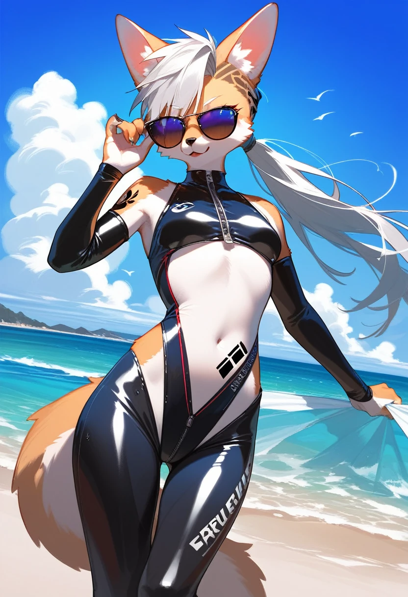 Highest quality, Highest quality, High quality illustrations, masterpiece, Ultra-high resolution, Detailed Background, beach, Absurd, Perfect Anatomy, performance, Good lighting, Shadows in the movies(kemono, Furry Personifi猫ion), latex, neon, neonカラー, cyber punk, Wetsuits, sunglasses, Tattoo, vinyl sheet, Dynamic Angle