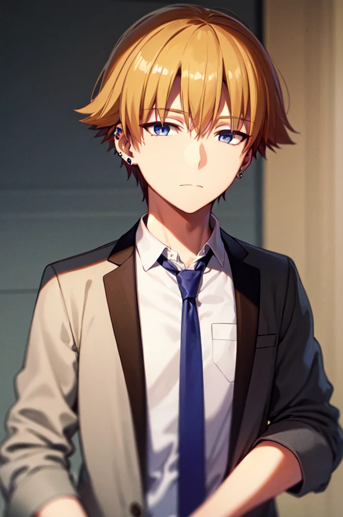 Masterpiece, best quality, 1boy, upper body, necktie, (black ear piercing), closed mouth, simple backround, blonde hair, expressionless