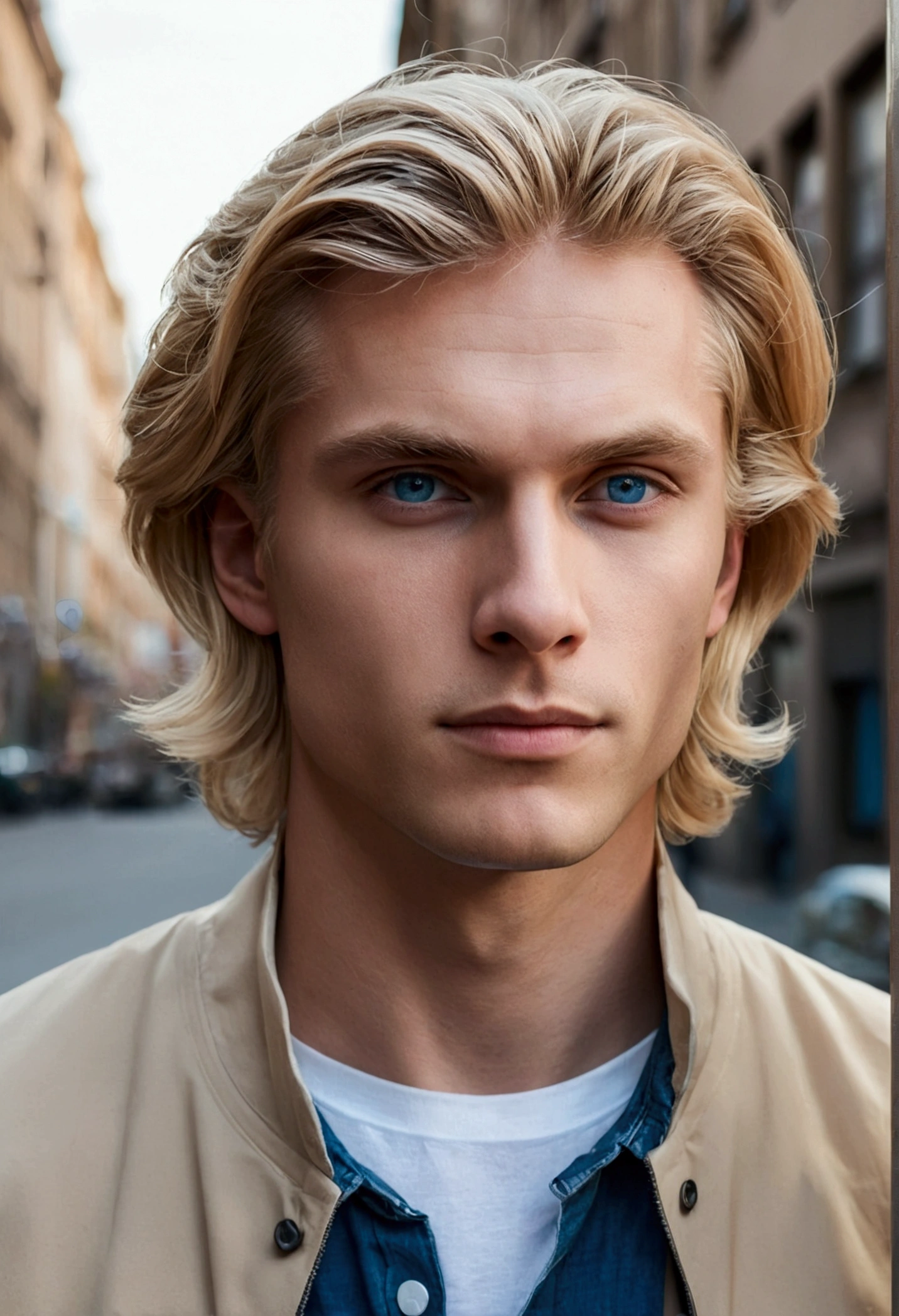 Blonde Man , medium-length hair , Brown , superb, Blue eyes , Held in the city, Style is an emotional and calm scene., Portraits on social networks, Capture portraits in detail, (upper body)