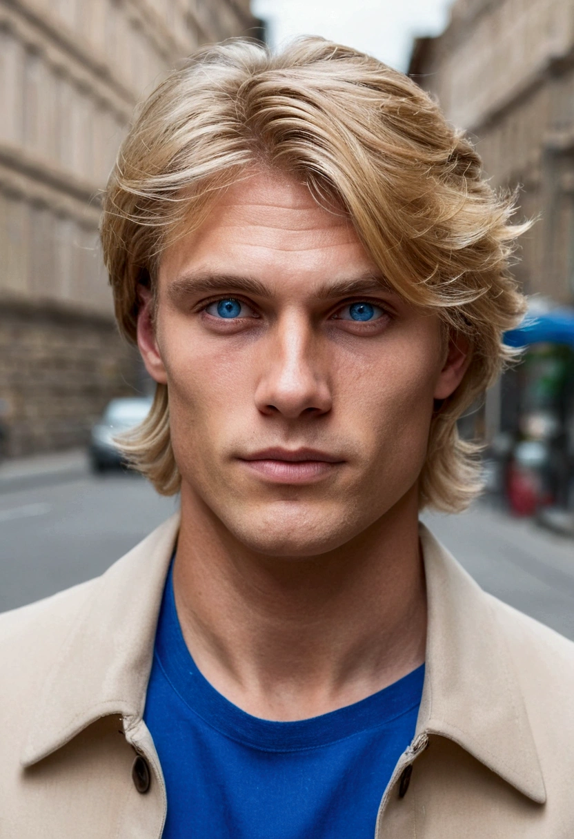 Blonde Man , medium-length hair , Brown , superb, Blue eyes , Held in the city, Style is an emotional and calm scene., Portraits on social networks, Capture portraits in detail, (upper body)