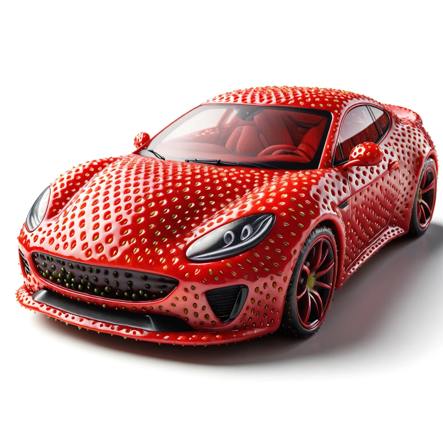 strawberry shaped like a  sport car , textured strawberry red skin, solo, very detailed, 4k, masterpiece, morph, subject, 8k, high quality, The surface of the strawberry is dotted with numerous small seeds and has a bright red color, which is typical for ripe strawberries, White Background,strwbrrxl, ral-strawberryjam
