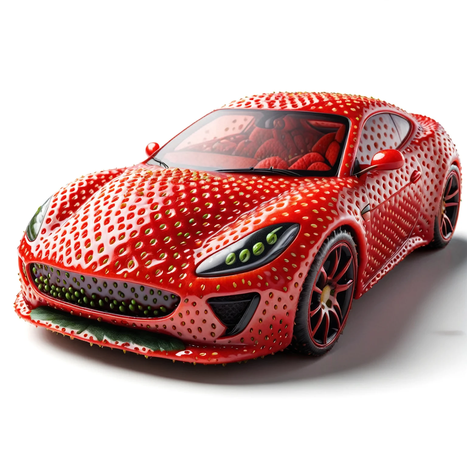 strawberry shaped like a  sport car , textured strawberry red skin, solo, very detailed, 4k, masterpiece, morph, subject, 8k, high quality, The surface of the strawberry is dotted with numerous small seeds and has a bright red color, which is typical for ripe strawberries, White Background,strwbrrxl, ral-strawberryjam
