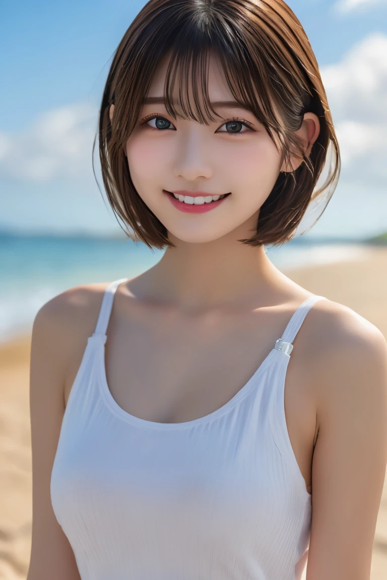8k、Highest quality、(beautiful)、Precision Eyes、Fine skin、smile、Caramel Blonde Hair、Upper Body、Tshirt、Soft Breasts、Beach、Semi-short hair