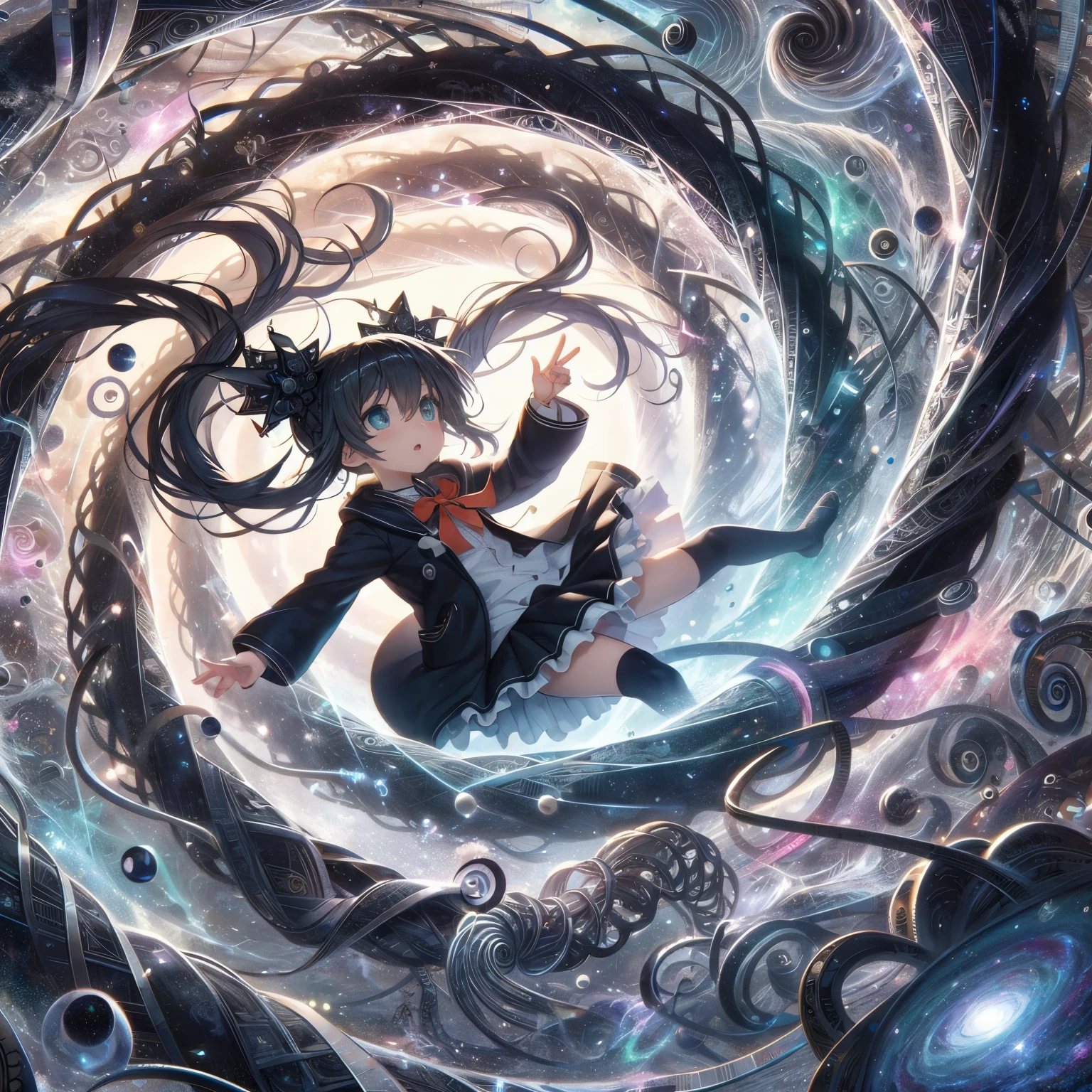 Anime girl in a black dress flying in a whirlpool, Anime fantasy artwork, Anime fantasy illustration, Space Hair Anime Girl, Epic anime art, Detailed anime artwork, Detailed digital anime art, Swirling Black Magic, Dreamy psychedelic anime, Anime Art Nouveau Space Display, Beautiful anime artwork, Details of anime original drawings, Complex and gorgeous anime CGI style, Detailed anime art