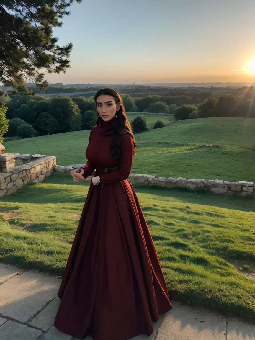 Gorgeous and sultry busty athletic (thin) brunette queen with sharp facial features wearing a modest updo, dark red medieval dress, long sleeves, intricate patterns, scrollwork, wide neck, crown, veil, long dress, modest dress, tight bodice, (silver waist chain), medieval jewelry, Middle Ages, castle, rampart, wall, exterior, on top of a castle wall, trees, countryside, evening, sunset.