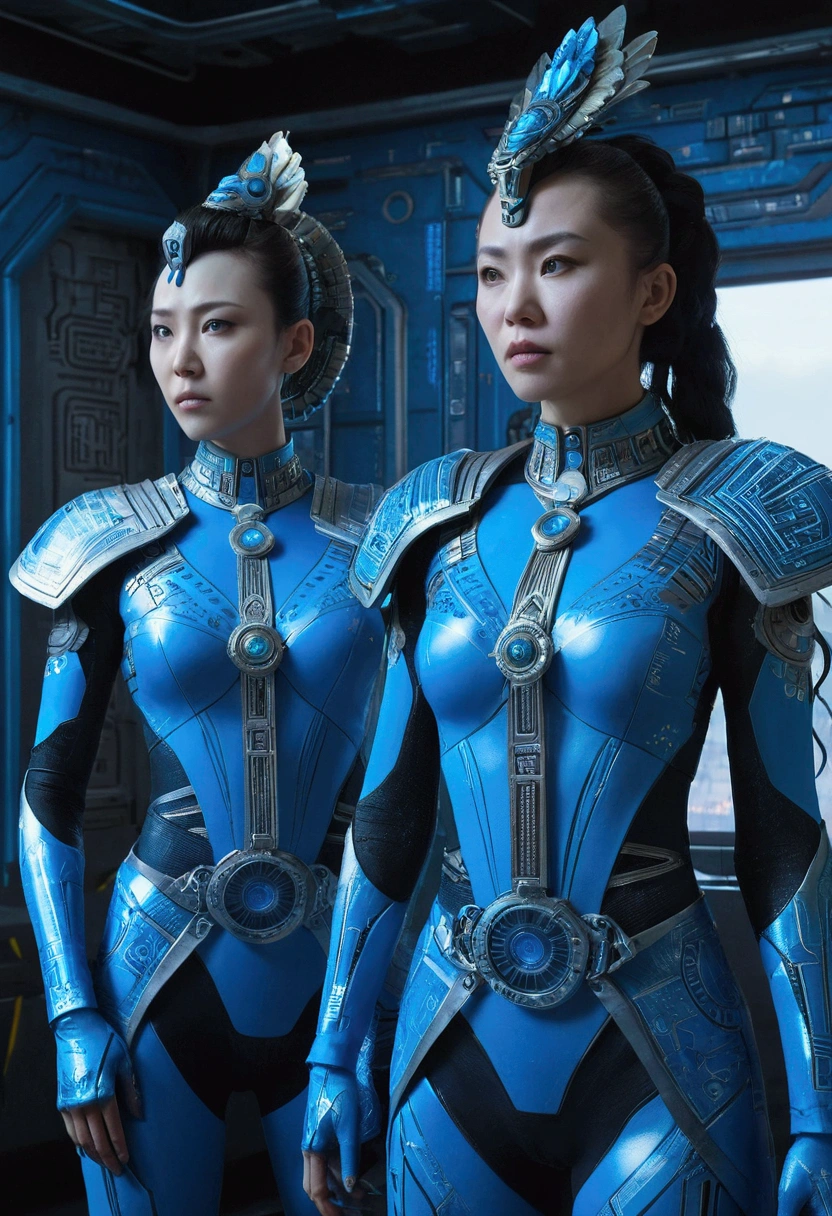 Two women in costumes are standing in a room, Ace Female Mechanic, Static Prometheus Frame, Blue body paint, Cyberpunk decorations, Aztec Empress, Movie details, security guard, Balcony scene, Solarpunk, By Leon Wichowkowski, Sisters, japanese cgi, Empress of Kazakhstan, Character close-up