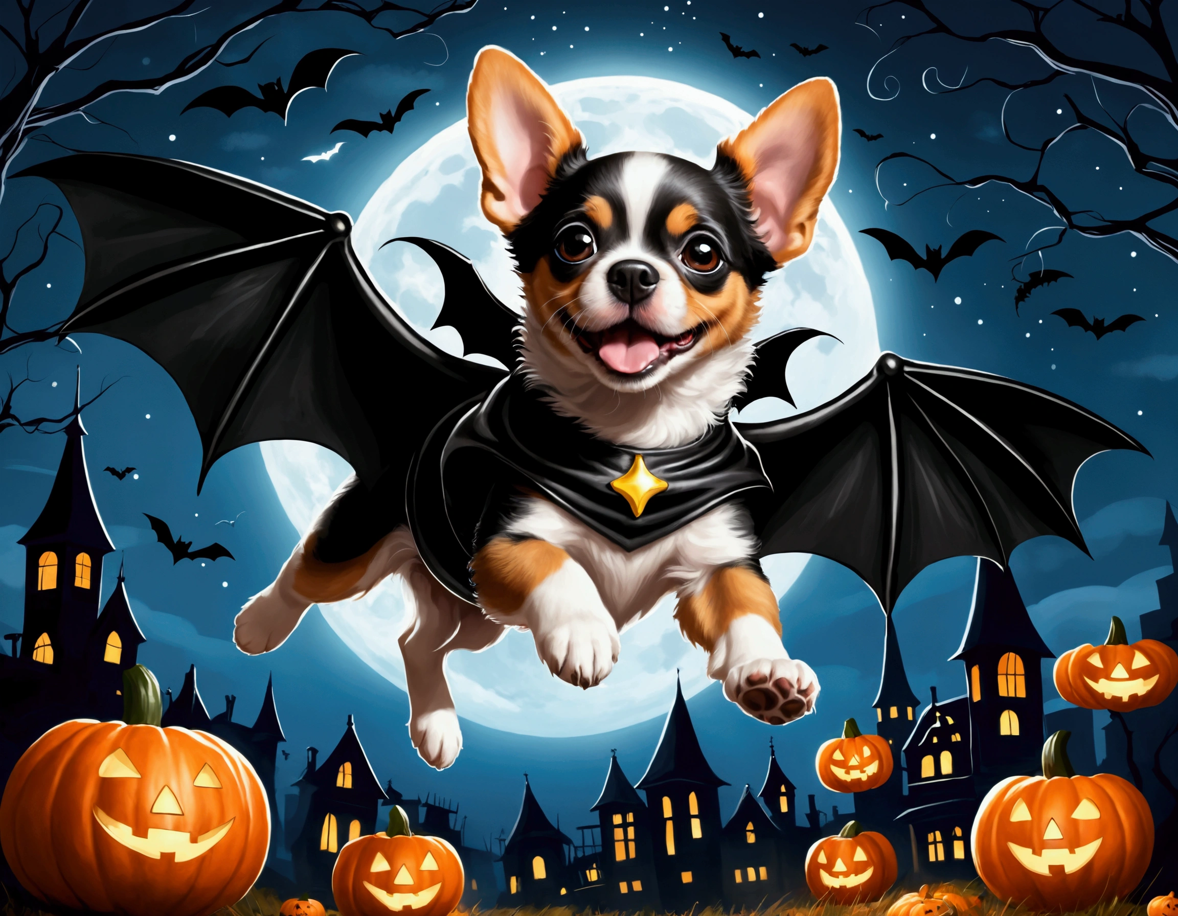 A flying puppy with bat wings, Halloween night, looking cute as he flying chases a girl in a princess costume
