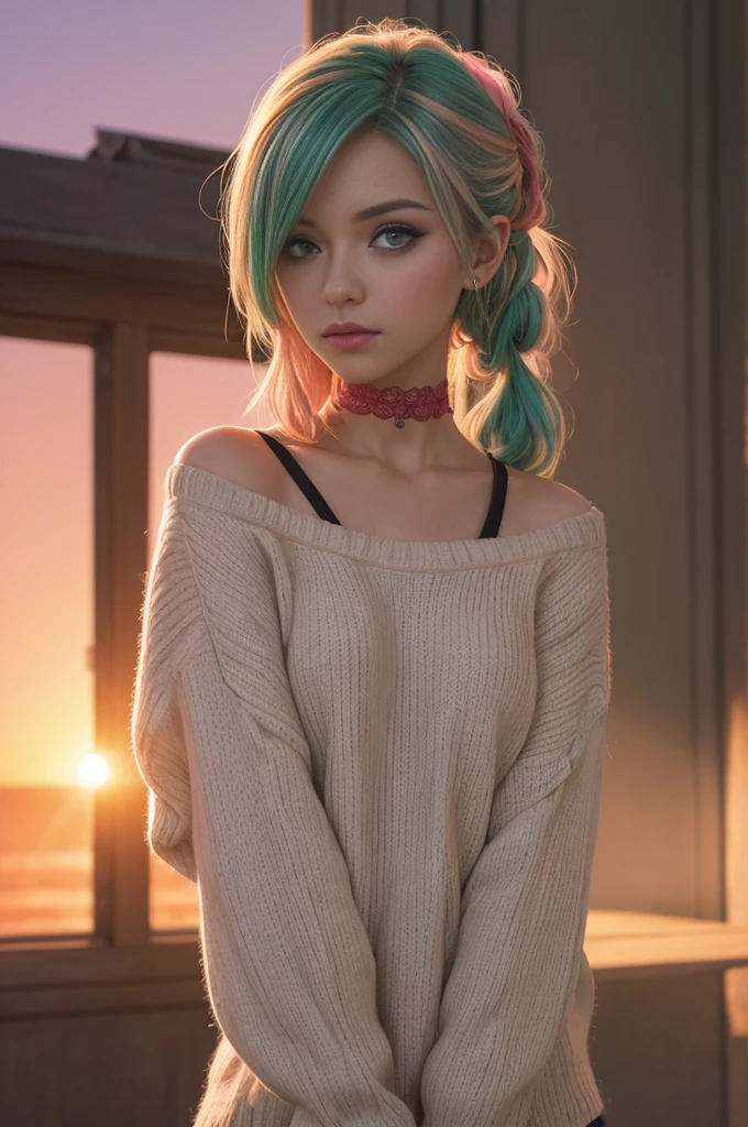 ung cute girl,very slim,skinny, (streaked Green and pink hair:1.1), long tussled hair upsweep updo,,rouge,red neck lace choker,green eyes, makeup,colorful,oversize knit jumper,softcore,warm lighting,cosy atmosphere,Instagram style,red theme,upper body shot,(cinematic, black and red:0.85),(sunset beautiful background:1.3),sharp,dim colors,,M.ia