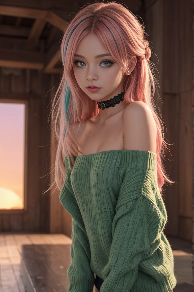 1 young cute girl,very slim,skinny, (streaked Green and pink hair:1.1), long tussled hair upsweep updo,,rouge,red neck lace choker,green eyes, makeup,colorful,oversize knit jumper,softcore,warm lighting,cosy atmosphere,Instagram style,red theme,upper body shot,(cinematic, black and red:0.85),(sunset beautiful background:1.3),sharp,dim colors,,M.ia