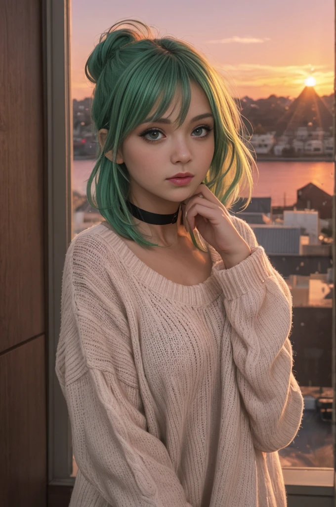 1 young cute girl,very slim,skinny, (streaked Green and pink hair:1.1), long tussled hair upsweep updo,,rouge,red neck lace choker,green eyes, makeup,colorful,oversize knit jumper,softcore,warm lighting,cosy atmosphere,Instagram style,red theme,upper body shot,(cinematic, black and red:0.85),(sunset beautiful background:1.3),sharp,dim colors,,M.ia