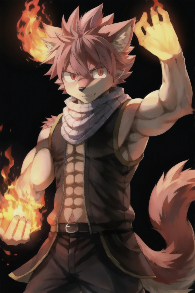 masterpiece, best quality, 1boy, natsu dragneel, scarf, sleeveless, black eyes, fire, arm up, pink hair, ears wolf, tail, red eyes