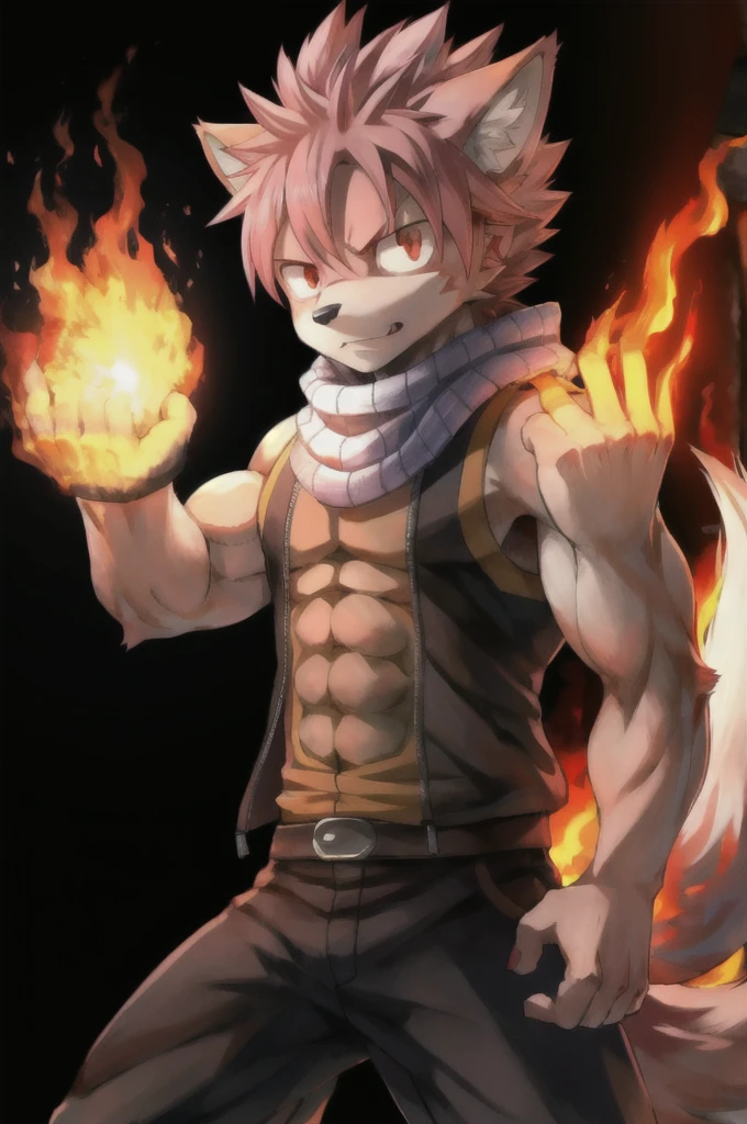 masterpiece, best quality, 1boy, natsu dragneel, scarf, sleeveless, black eyes, fire, arm up, pink hair, ears wolf, tail, red eyes