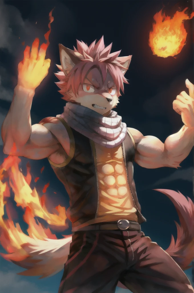 masterpiece, best quality, 1boy, natsu dragneel, scarf, sleeveless, black eyes, fire, arm up, pink hair, ears wolf, tail, red eyes