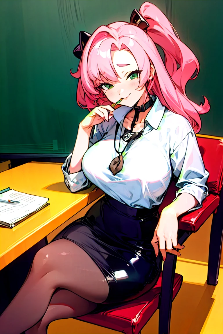 Nicole starts (1.5&oversize&pony) | Genless Zone Zero,latex clothes, collar shirt, pencil skirt, black pantyhose, ((office)),((company)),((Mesugaki)),Crossed legs,