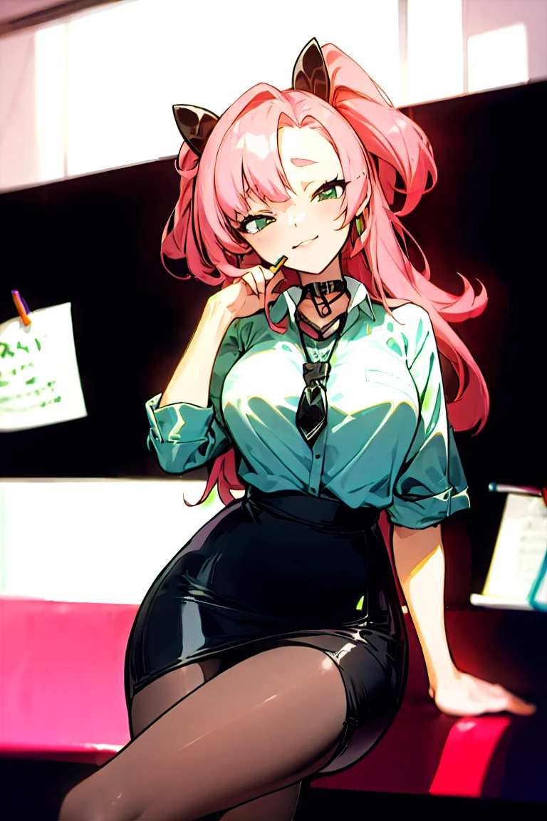 Nicole starts (1.5&oversize&pony) | Genless Zone Zero,latex clothes, collar shirt, pencil skirt, black pantyhose, ((office)),((company)),((Mesugaki)),Crossed legs,